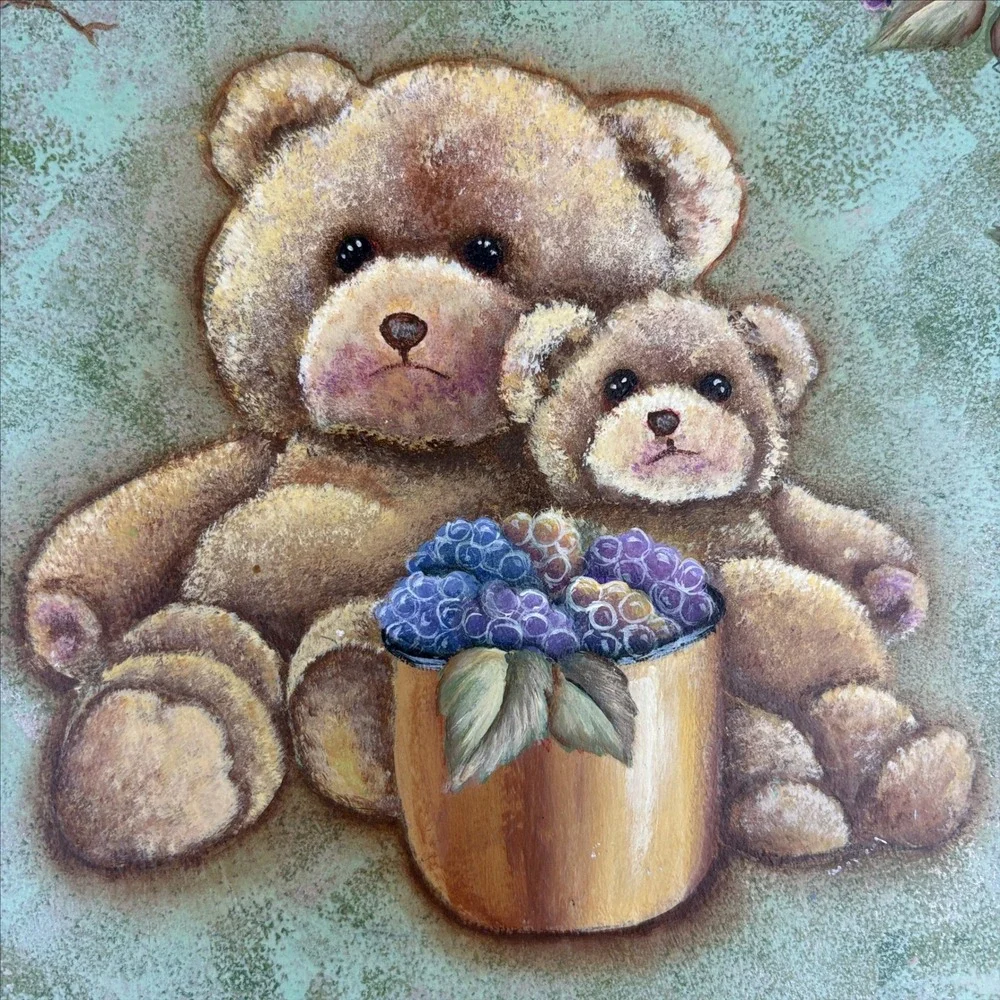 Handpainted Teddy Bear Blackberry Purse Basket Wood Lid Leather Straps Cottage